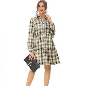 Max Studio ruched long sleeve plaid dress